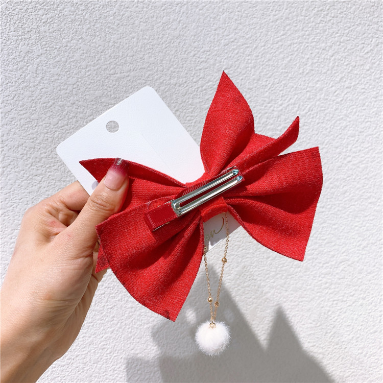 儿童新年大红毛呢蝴蝶结发夹女童毛球飘带发卡亲子款顶夹过年头饰
