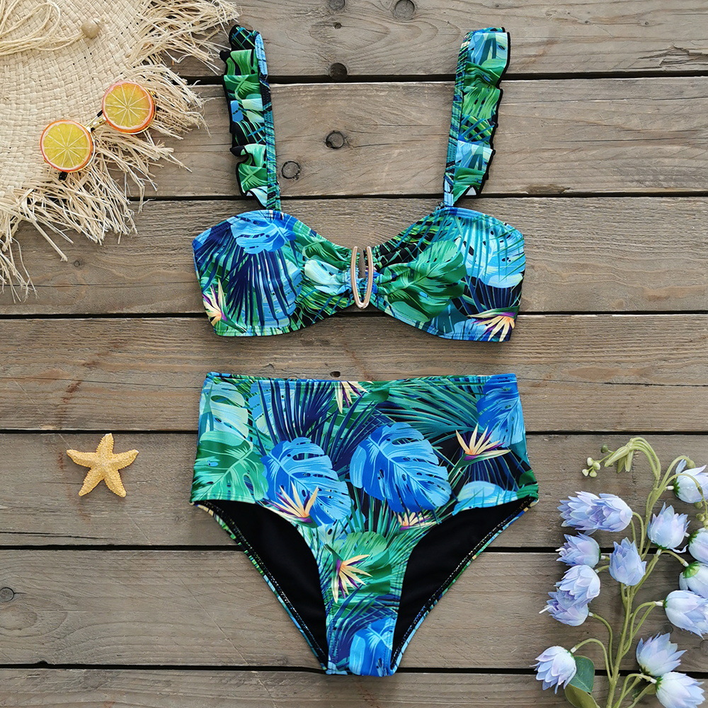 v字扣高腰比基尼印花欧美吊带荷叶边泳衣分体跨境2022新款bikini