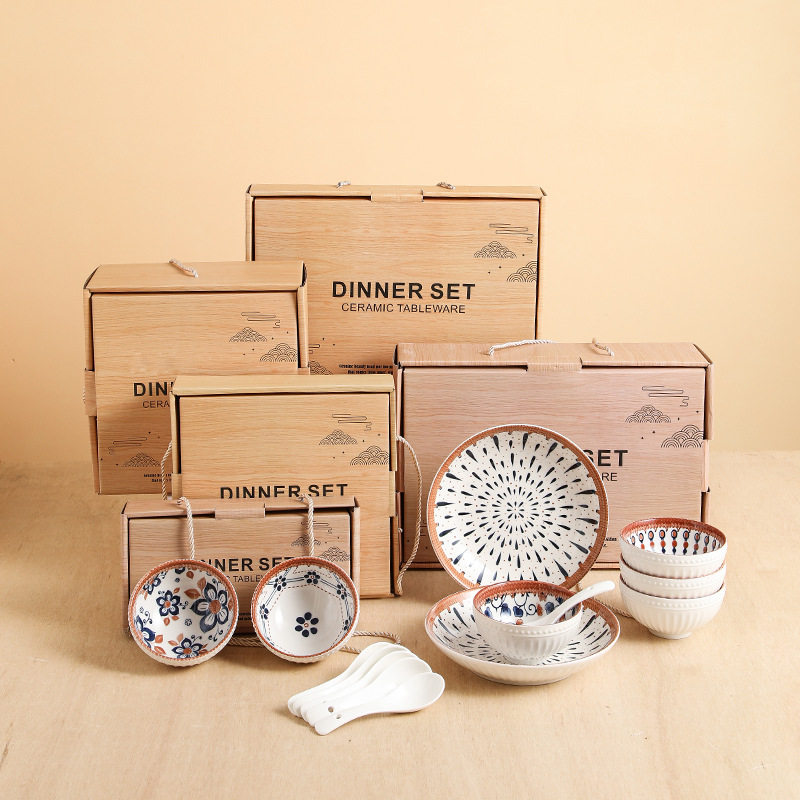 Japanese Ceramic Tableware Set of Dishes and Bowls Gift Box Real Estate Company Souvenirs Opening Gift Tableware
