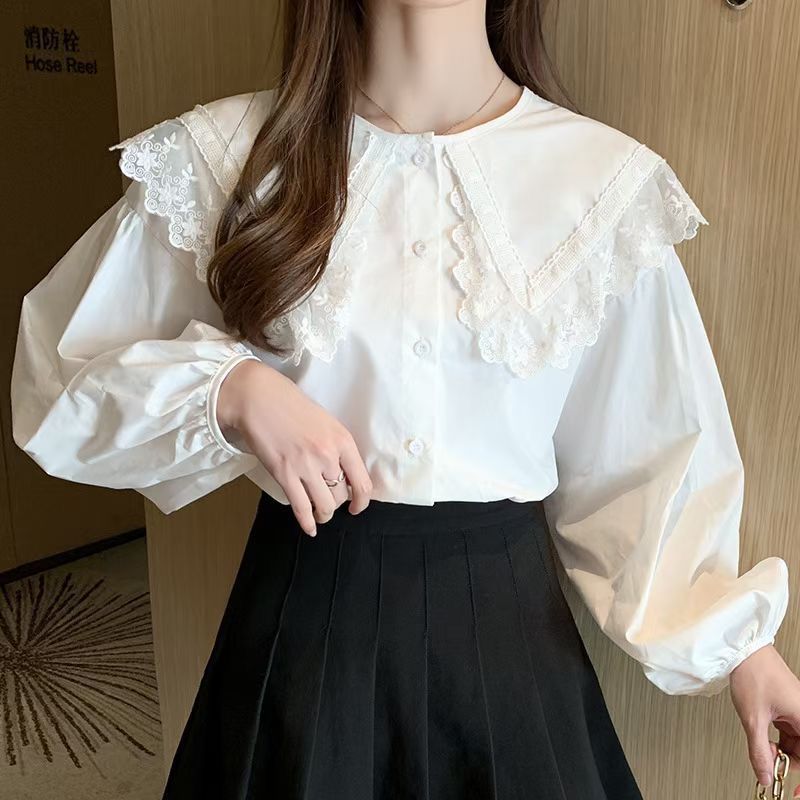 娃娃领衬衫女2022春秋新款设计感小众荷叶边大领甜美风轻熟白衬衣