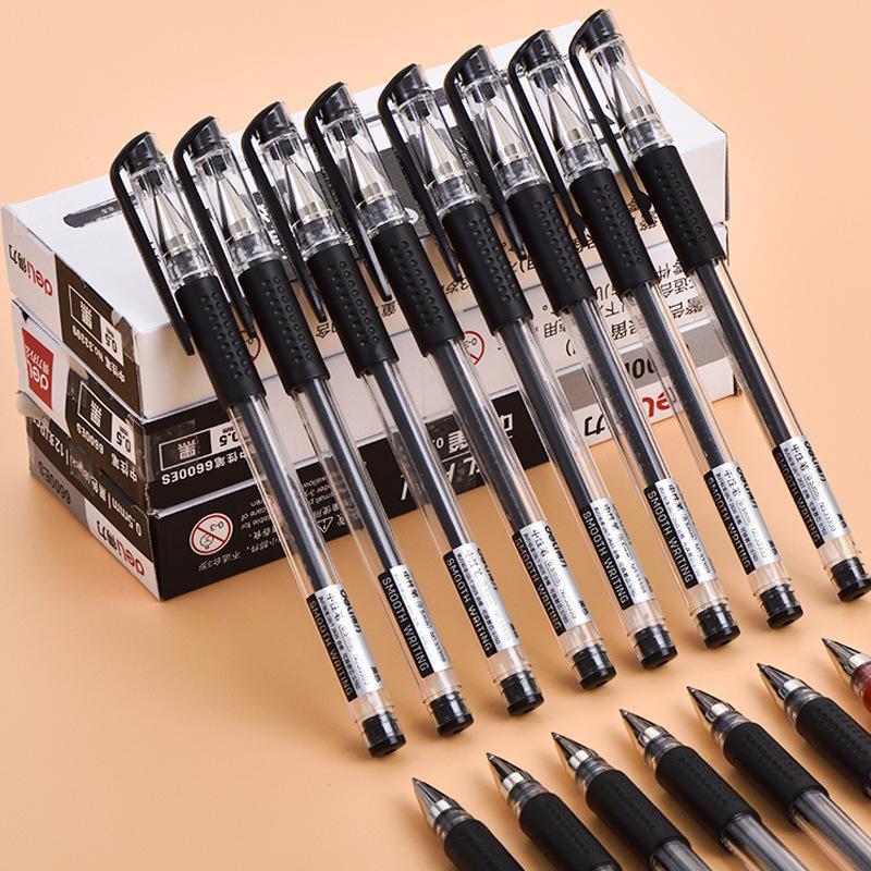 得力中性笔6600es盒装水笔黑色水性签字笔碳素笔顺滑水笔办公书