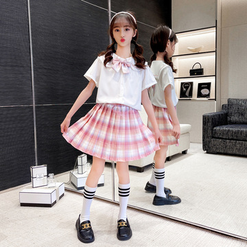 女童jk制服裙套装儿童学院风夏季小学生女孩兔耳朵短袖衬衫百褶裙