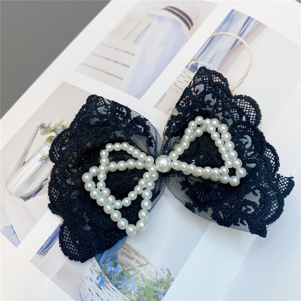 a050-1蕾丝花边甜美蝴蝶结发夹珍珠大水钻发饰弹簧夹少女外出发饰