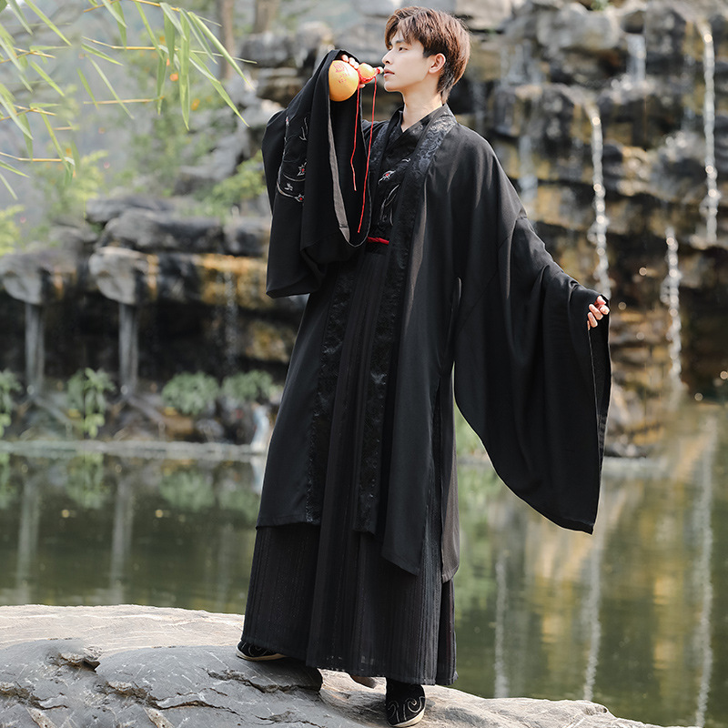 黑色系凤凰大氅汉服男刺绣交领上衣襦裙套装武侠风非古装表演班服