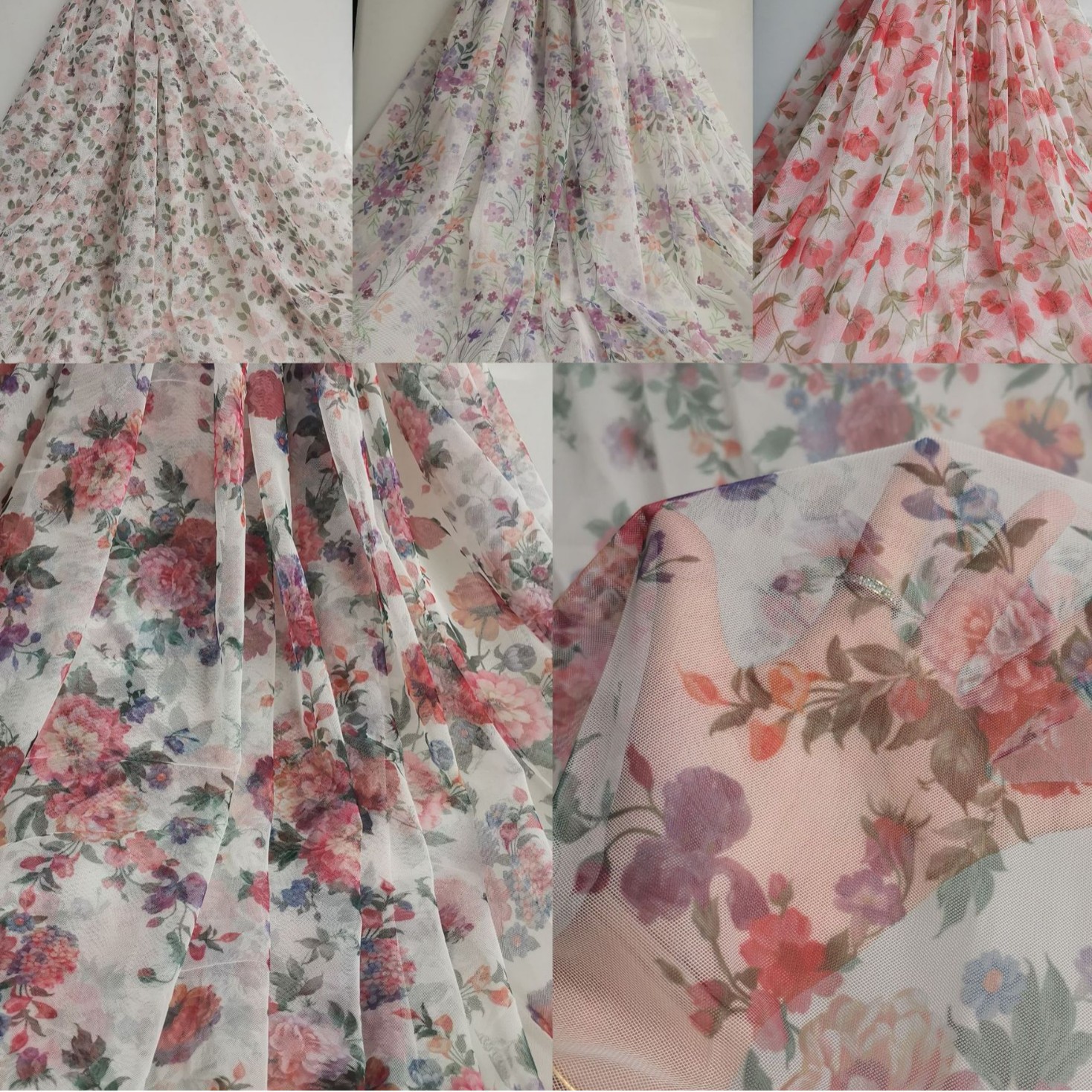 印花热卖~柔软丝滑密实涤复丝网纱多种花型数码印花 新花纱裙面料