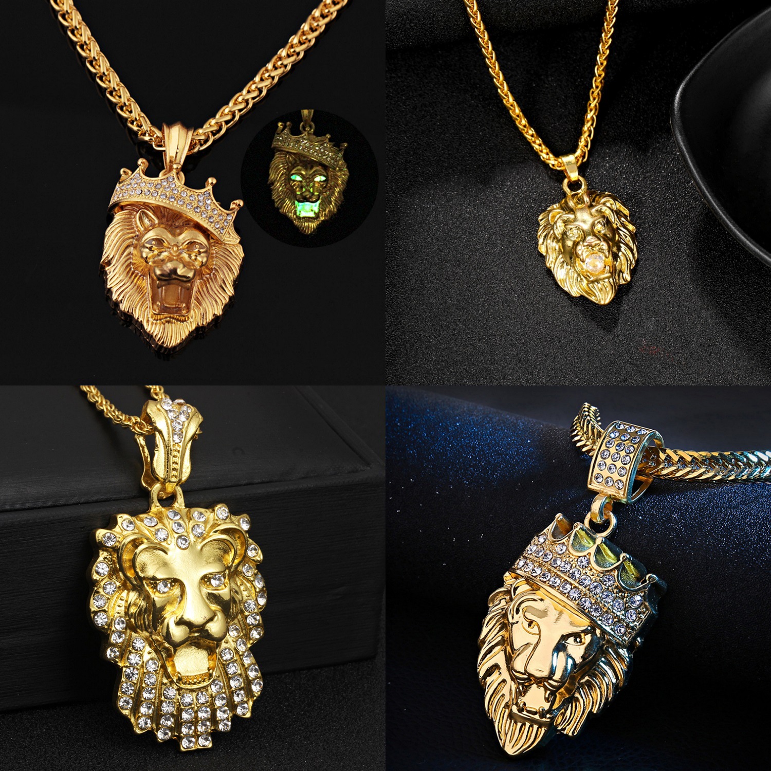 欧美热卖镶钻皇冠狮子头嘻哈夜光项链男士中性镀金hiphop发光吊坠