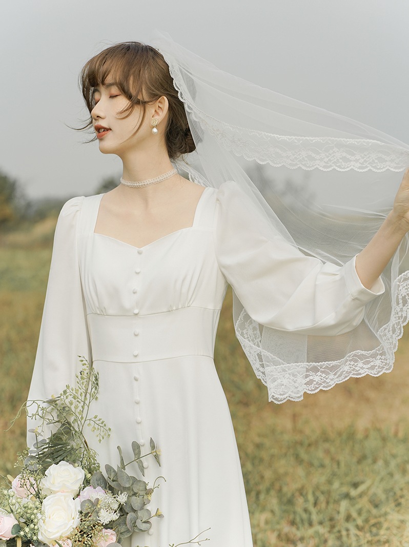 轻婚纱法式复古奶油仙女初秋简约领证登记小白连衣裙平时可穿礼服