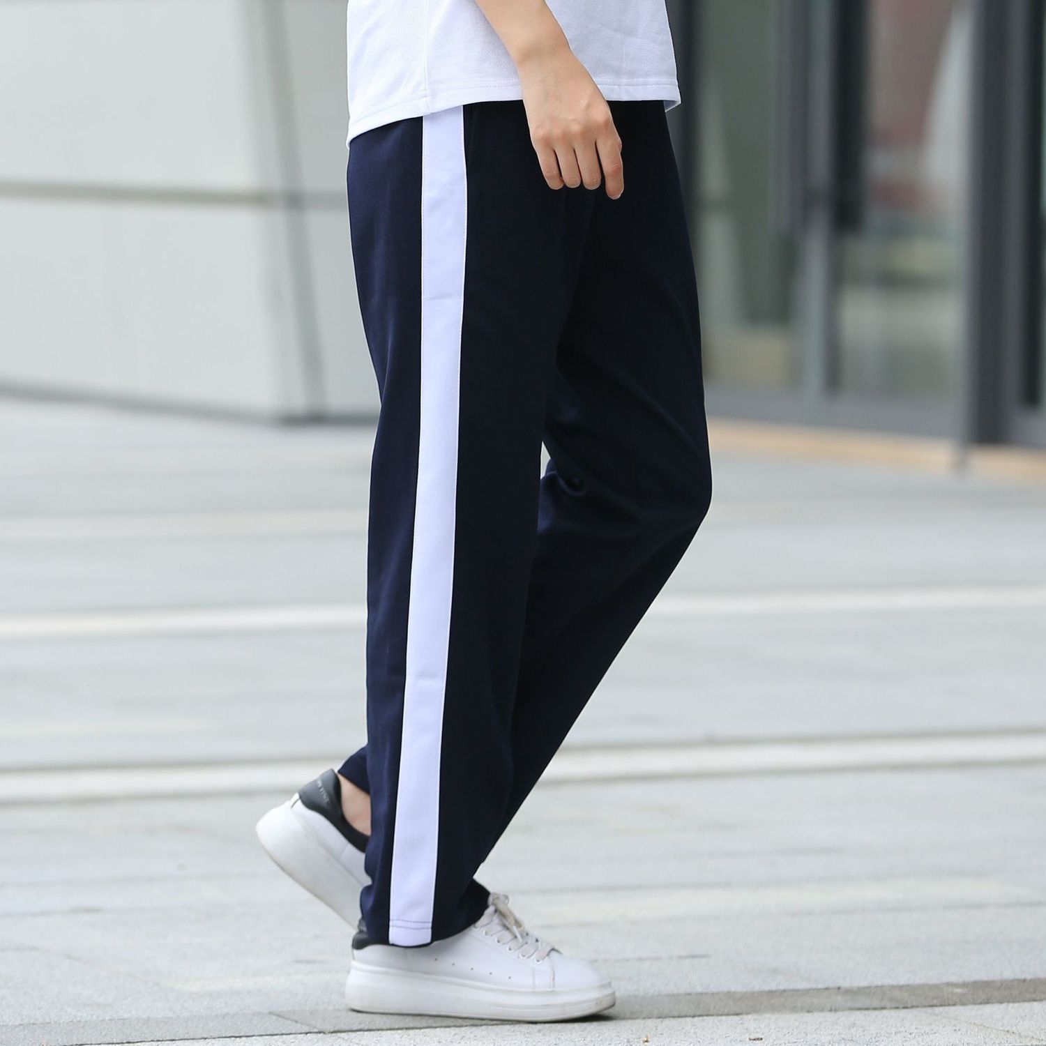 包邮校裤男女高中生一条杠两道杠直筒运动裤初高中学生藏蓝色校服