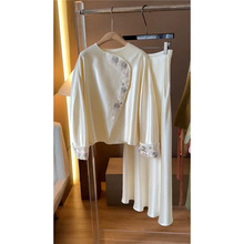 YT040116新款温柔系穿搭新中式米白色醋酸薄款外套半身裙两件套装