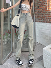 黄泥染直筒牛仔裤女2024年新款夏季薄款美式复古窄版高腰烟管裤子