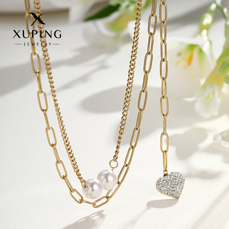 xuping ins simple fashion chain clavicle chain stitching imitation pearl double layer necklace autumn and winter advanced light luxury temperament