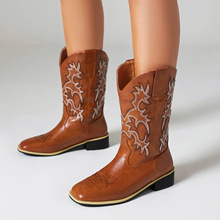 35-43跨境亚马逊一件代发秋冬女靴绣线低跟短靴西部牛仔靴H304