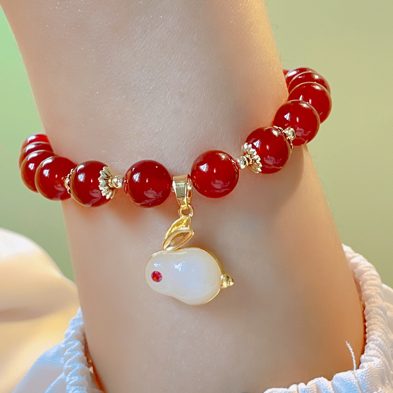 Natural Red Agate Beads Small Jade Rabbit Bracelet Female Rabbit Year of Birth Bracelet Jewelry New Year Gift Wholesale