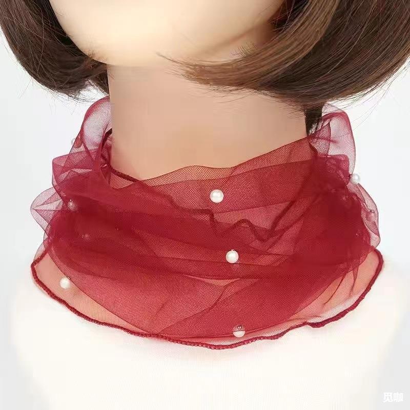 围巾女士春夏季薄款丝巾网纱蕾丝珍珠纯色百搭时尚小围脖护颈脖套