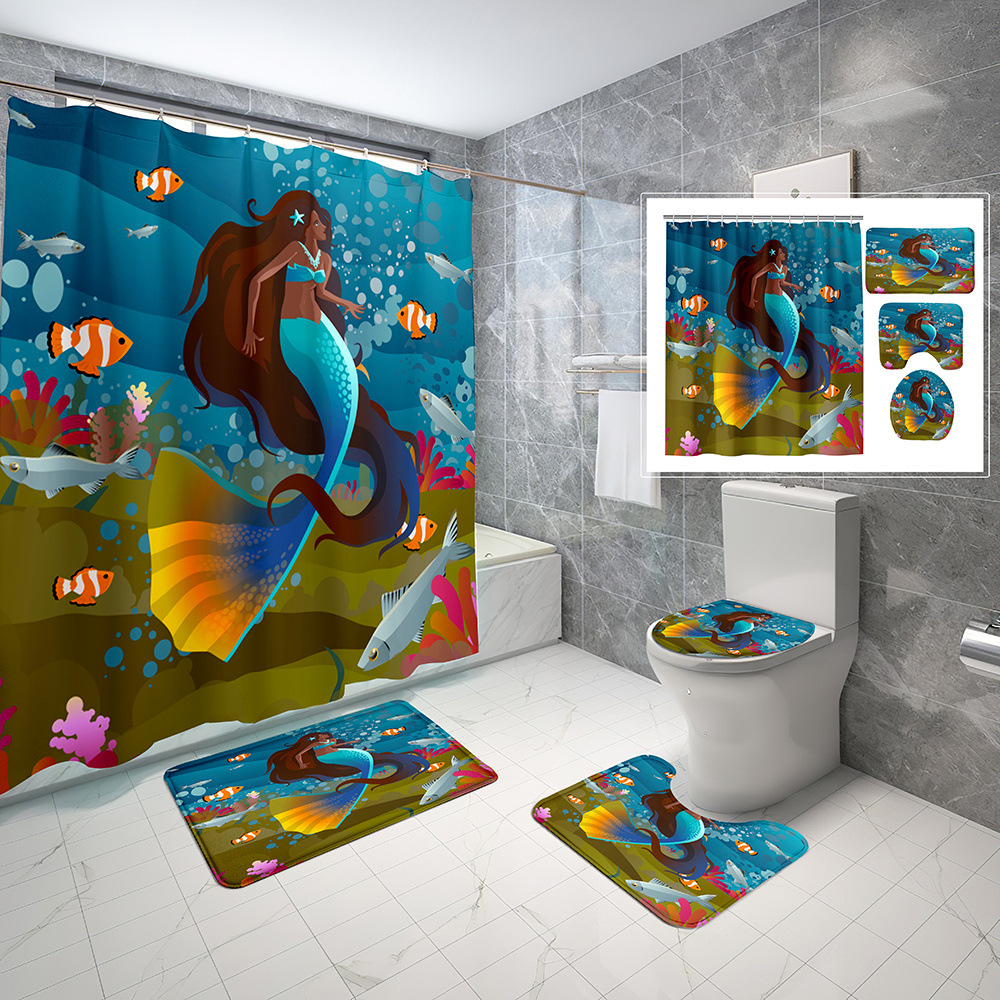 Ocean Mermaid Shower Curtain Four-Piece Set Amazon Cartoon Digital Printing Toilet Cover Mat Set One Piece Dropshipping