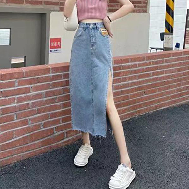 Retro Slit Denim Skirt for Women 2022 Autumn New Korean Style Mid-Length High Waist Slimming Student A- line Skirt