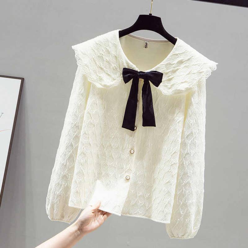 女童秋季女童娃娃领针织衬衫女装秋季年新款蕾丝打底小衫上衣漂亮