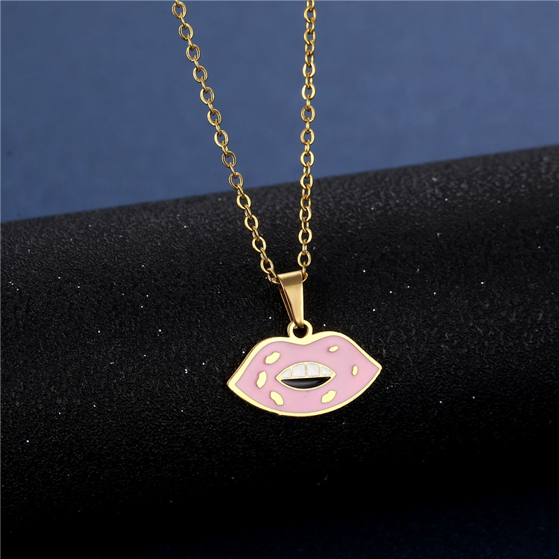 Cross-Border European and American New Geometric Dripping Lips Necklace and Earring Suit Stainless Steel Pink Lip Clavicle Chain South America Ornament