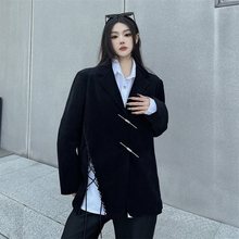 中国风不对称绑带开叉v领黑色西装外套女春秋设计感小众气质西服