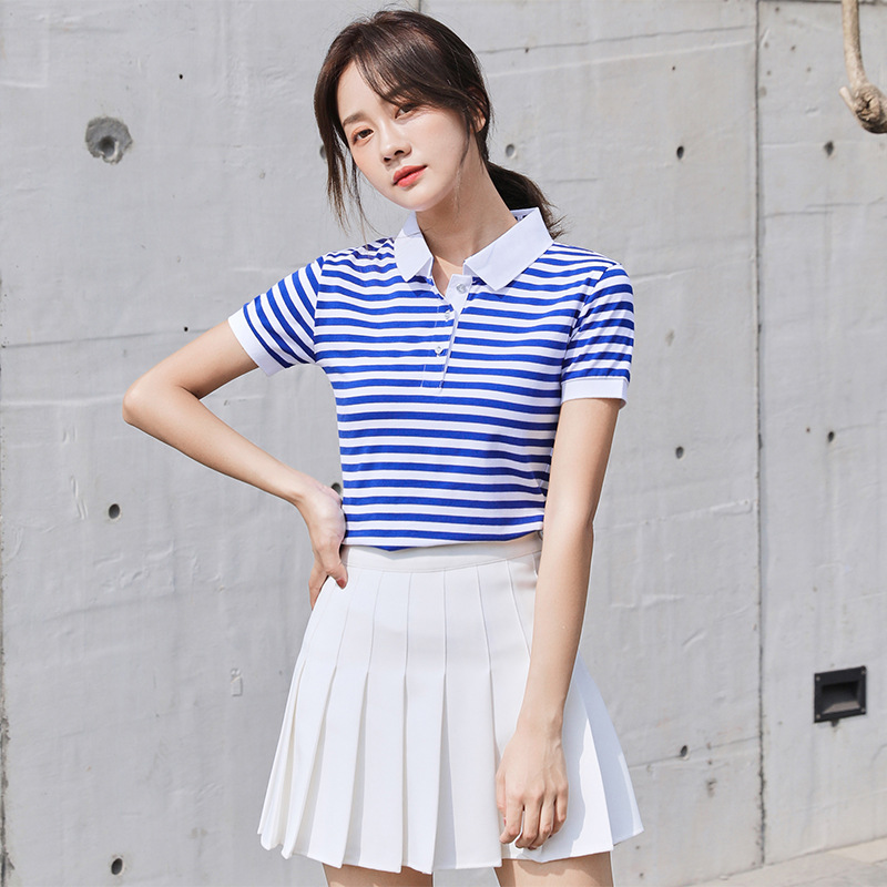 翻领海魂衫女夏季纯棉短袖t恤 蓝白条纹有领半袖水手服全棉polo衫