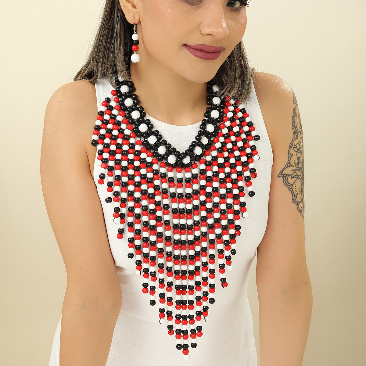 Indian Wooden Beads Necklace Earrings Set African Jewelry Wholesale Cross-Border Tassel Color Necklace Necklace Set