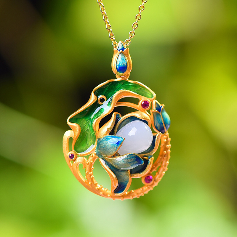 玉器工艺品925银镶和田玉水滴珐琅吊坠时尚简约首饰一件代发