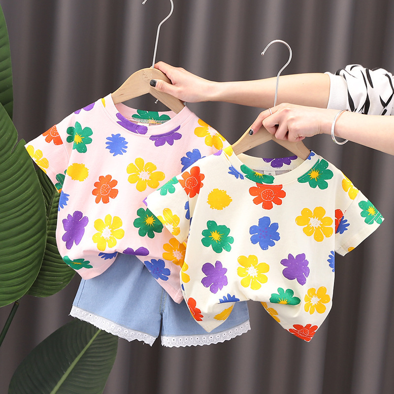 女宝宝夏季洋气套装2022新款女童满身小花短袖衣服小童夏装1-4岁