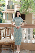 芳茉语绿色老上海年轻少女复古短袖中长款改良夏季旗袍裙