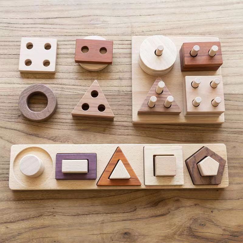 Wooden Four Sets of Toys Children's Puzzle Geometric Building Blocks Game Infant Montessori Early Education Perception Teaching Aids Wholesale