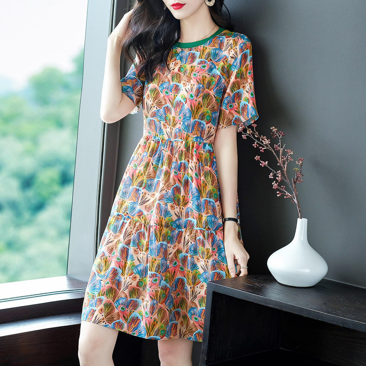 46618彩色蝴蝶印花小个子桑蚕丝裙子a字裙碎花真丝连衣裙女夏