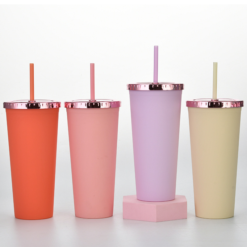 2022 New Cross-Border Amazon Water Cup Fashion Rose Gold Cover Frosted Coffee Cup Double Plastic Straw Cup