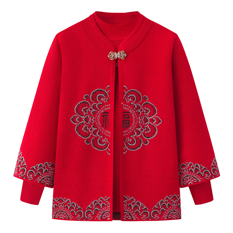 Middle-Aged and Elderly Mothers Spring and Autumn Mother-in-Law Women's Sweater Knitwear Festive Two-Piece Cardigan Grandma Inverness