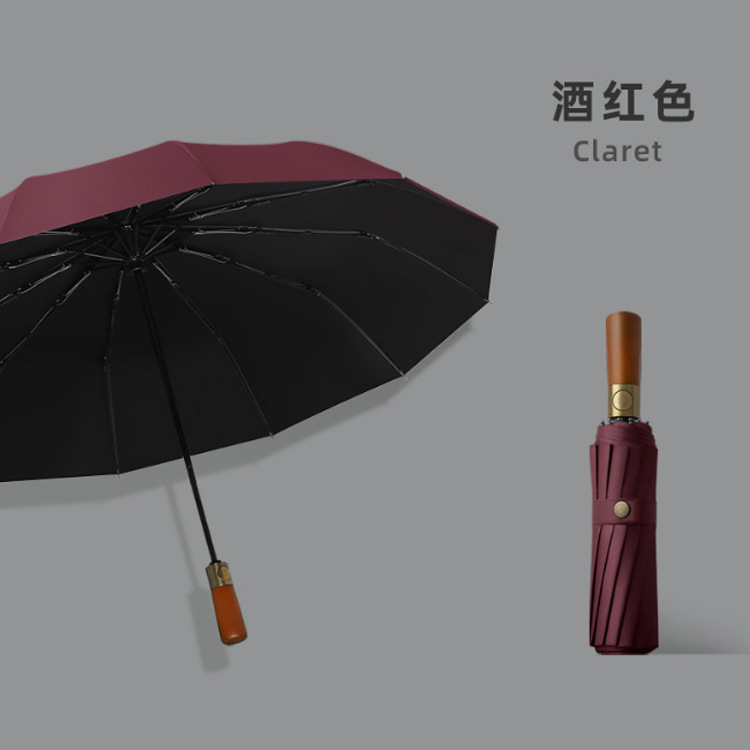 Ten Bones Automatic Umbrella Men's High-End Business Wooden Handle Umbrella Folding Vinyl Sun Protective Sunny Umbrella Advertising Umbrella Logo