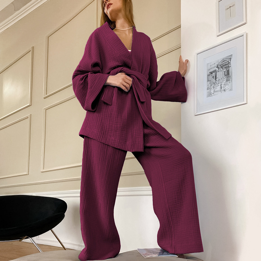 2023 Autumn Underwear European and American Long-Sleeved Loose Trousers Crepe Women's Solid Color Nightgown Home Absorbent Moisture-Wicking Clothing Women