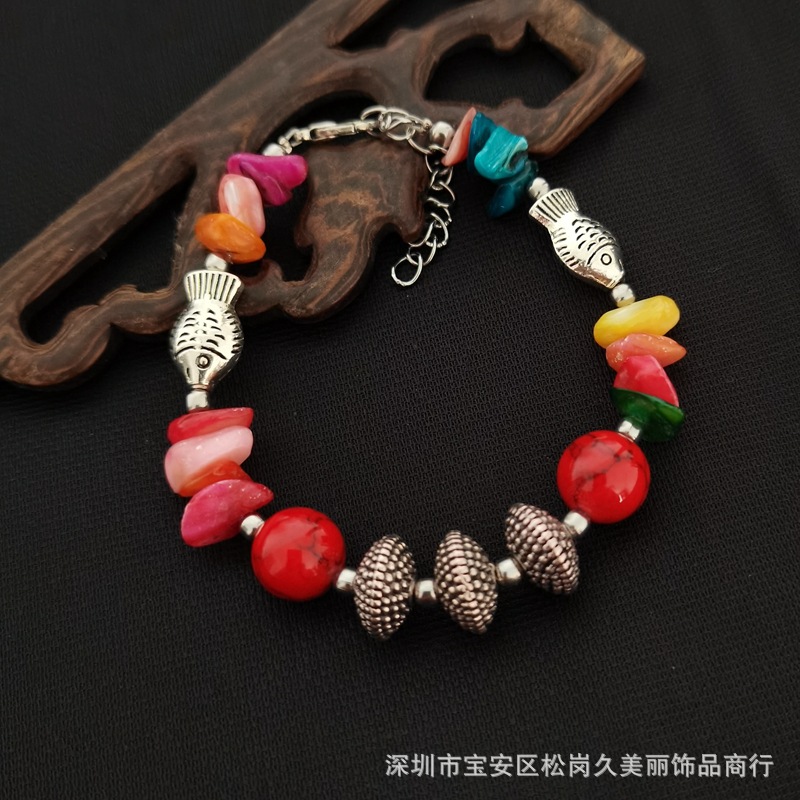 云南民族风手链复古藏银海洋小鱼饰品红色异域风情松石蓝色编织女