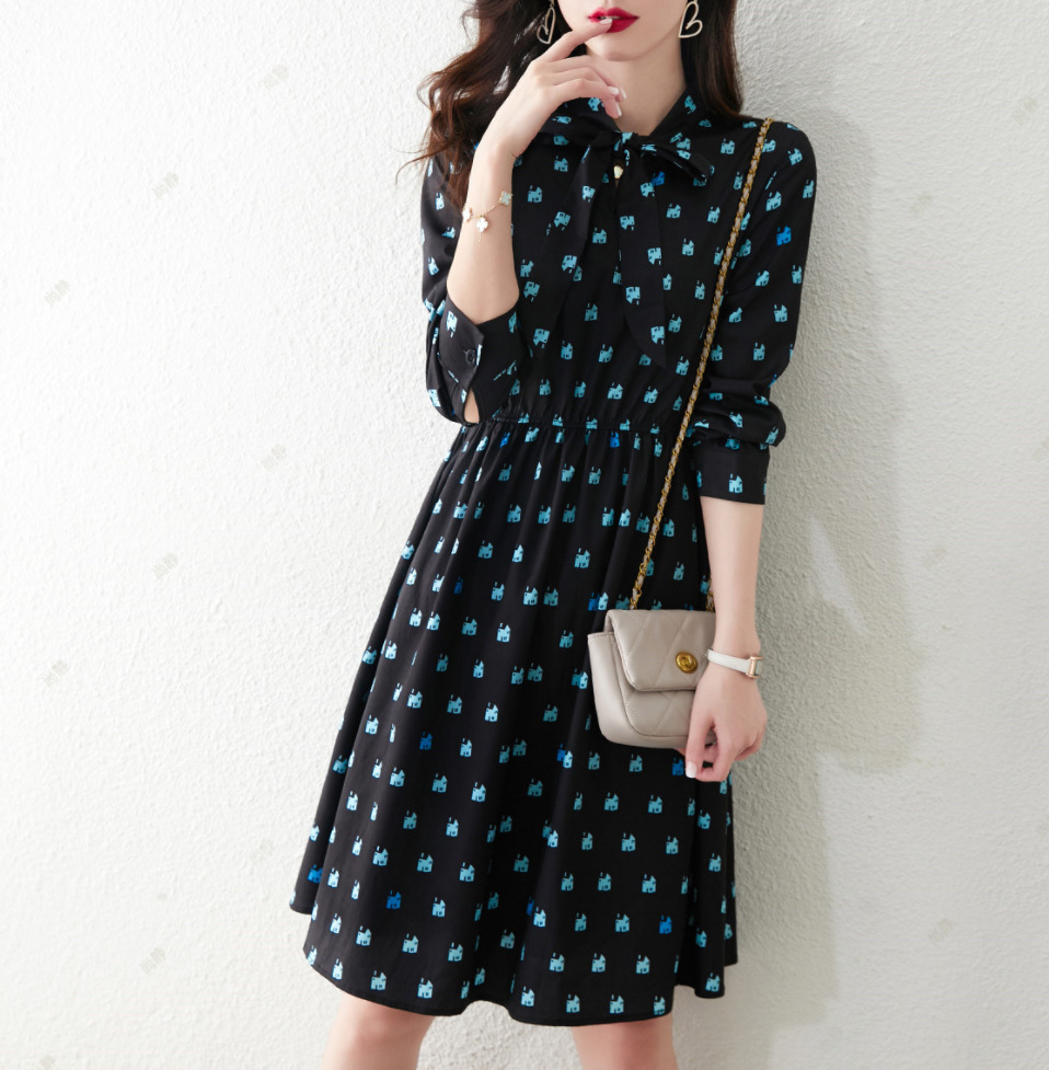 欧货简约风蝴蝶结系带领拼色a字裙22春季新品通勤时尚连衣裙女装