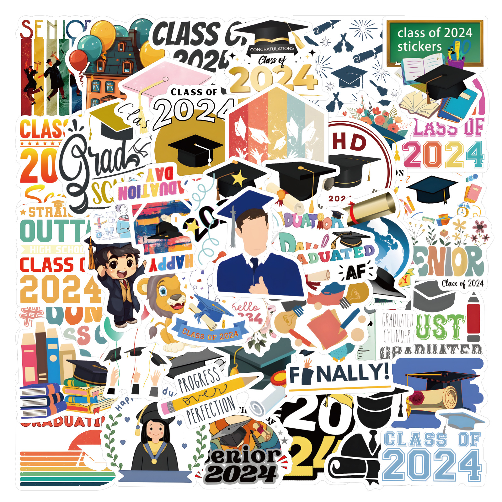 60张新款class of 2024卡通涂鸦贴纸装饰笔记本行李箱贴纸批发