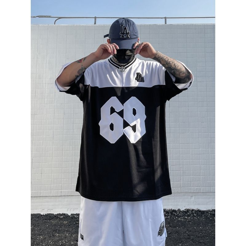 btsg美式hiphop奇卡诺拼色印花宽松短袖西海岸嘻哈街头半袖球衣男