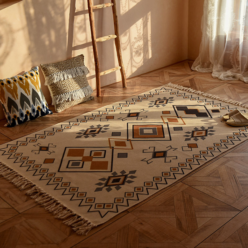 Ins Bohemian Cotton and Linen Floor Mat Living Room Sofa and Carpet Bedroom Bedside Foot Mat Long Tatami Mat Machine Washable