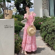 2024夏季温柔风仙女感气质裙子茶歇法式粉色飞飞袖齐踝长裙