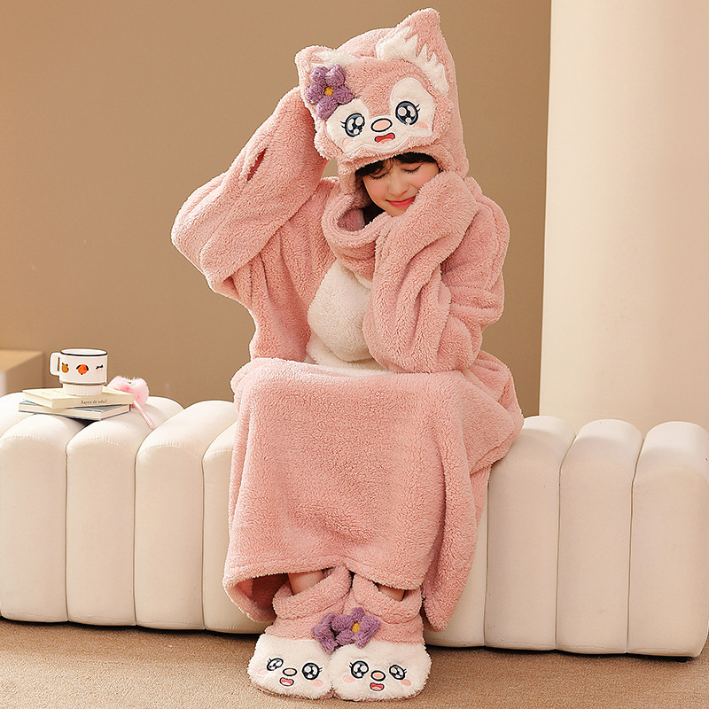 粉红狐狸毛绒绒睡衣秋冬保暖加厚卡通睡裙法兰绒柔软带鞋子长款睡