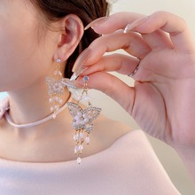 银针星光璀璨蝴蝶结水晶钻石耳钉女高级感时尚气质流苏耳环潮