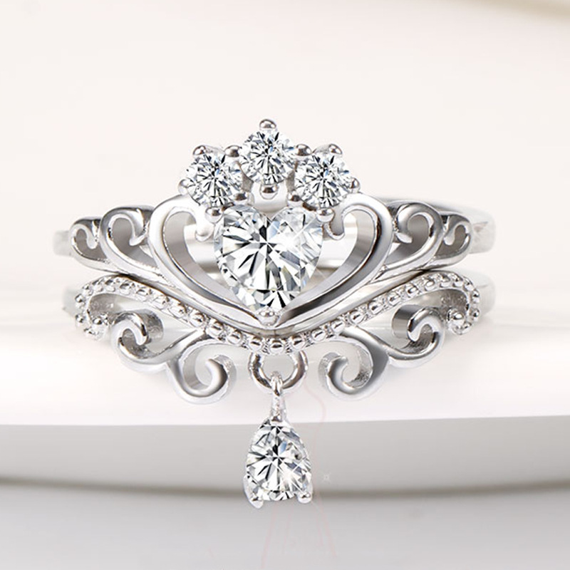 直播货源同款银皇冠戒指套戒二合一创意白锆石女王公主套戒指环女