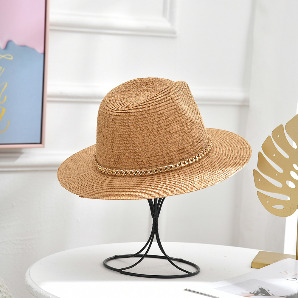 Hat Women's Korean-Style Hepburn Summer Wind Flat Top Hat Pearl Straw Hat Sun-Proof Beach Vacation Hat Women's