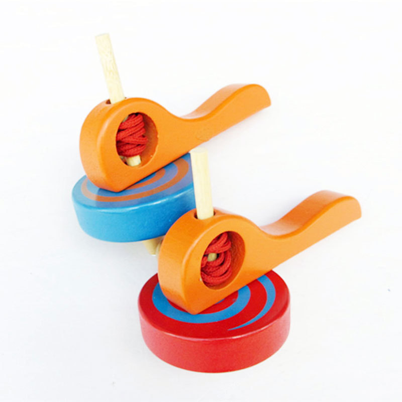 新款木质手柄拉线陀螺怀旧益力儿童玩具五彩旋转拉绳陀螺礼品批发