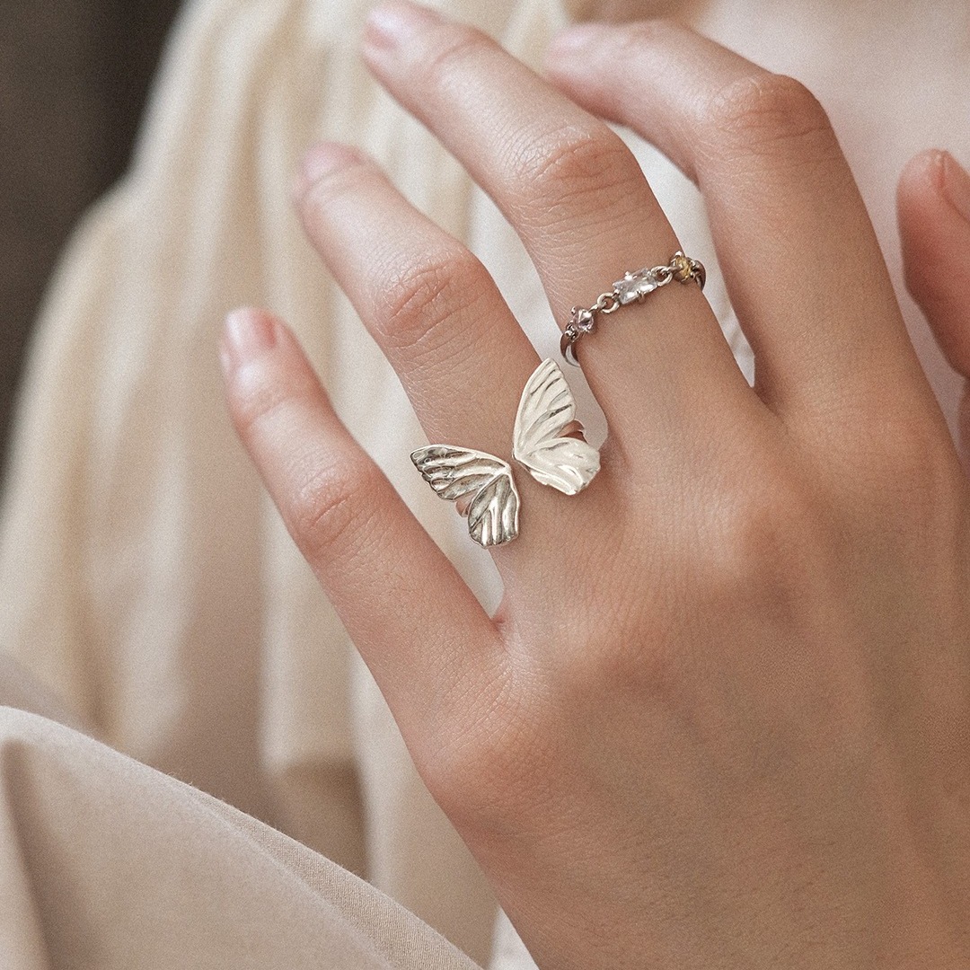 Sweet Cool Butterfly Ring Female Refined and Simple Elegant All-Match S925 Silver Opening Ring Ins Niche Index Finger Ring Fashion
