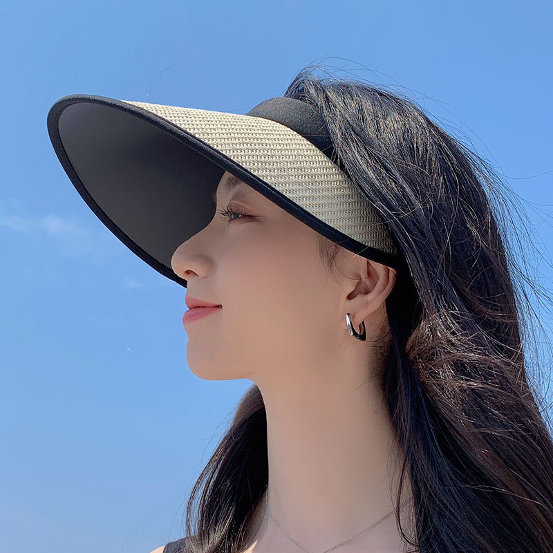 Summer Headband Head Net Red Same Fashion Air Top Sun-Proof Vinyl Straw Hat Female Big Brim Small Icon UV Sun Protection Hat Female Fashion