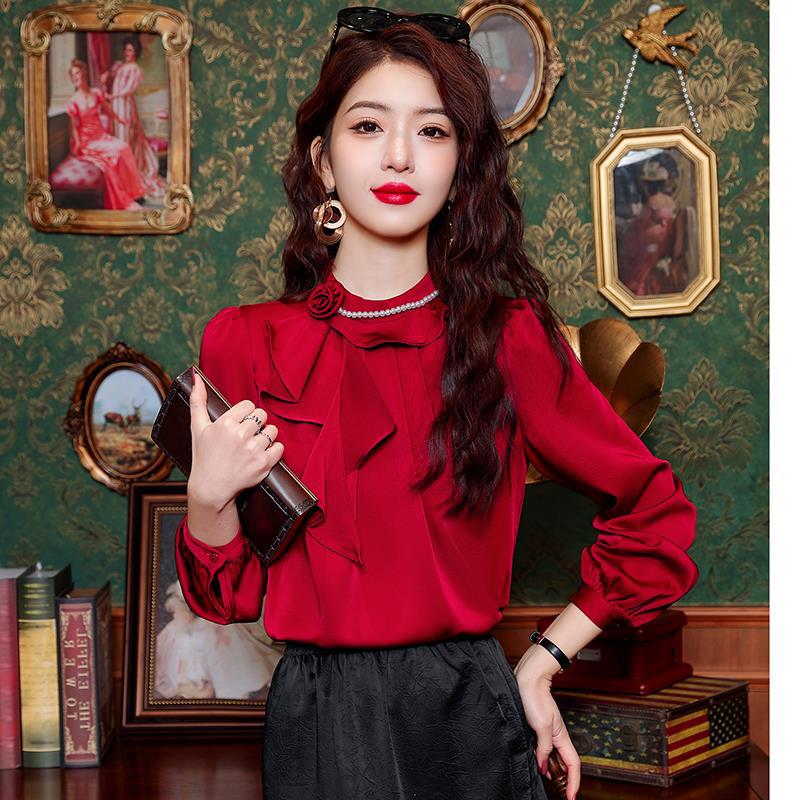 立体花朵长袖雪纺衬衫女春季2024早春装新款荷叶边本命年红色上衣