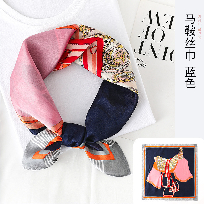 Silk Scarf 2024 Summer New Plaid Saddle Duplex Printing 70 Small Silk Scarf Square Scarf Wholesale Retro Arm Bag Ribbon