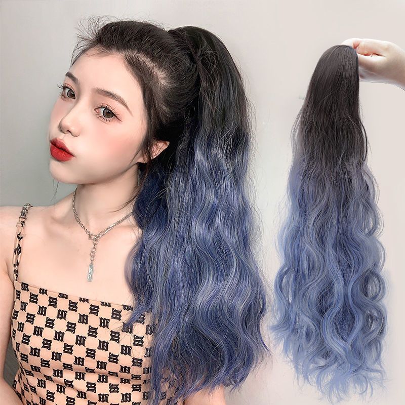 假发女抓夹长卷发挑染渐变雾霾蓝蓬松高马尾超自然水波纹式假辫子